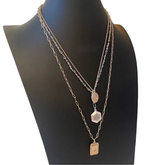Modern Metal Shapes Two Tone Triple Layer Necklace. - Picture 2 of 5